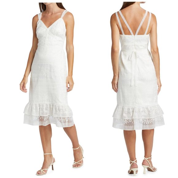 THEIA Lace Embroidered Cocktail Midi Dress 6 White Tier Wedding Bridal Party NWT
